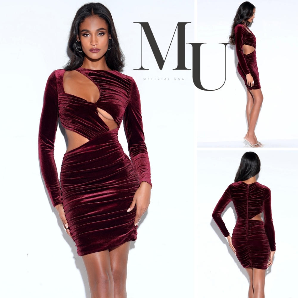 💋Nerina Burgundy Velvet Cutout Long Sleeve Dress 💋 - Picture 5 of 16